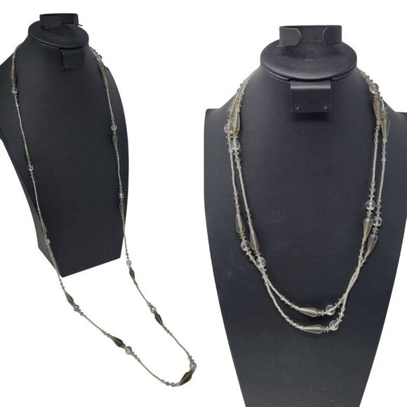 Vtg Long Flapper Necklace Silver Smoky Gray AB Beaded‎ Glass Versatile Opera - Picture 9 of 9
